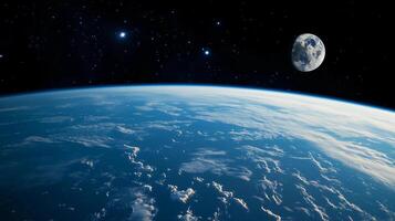 A beautiful blue planet with a large moon in the sky. The moon is positioned above the planet, and the stars are scattered throughout the sky. Concept of wonder and awe photo