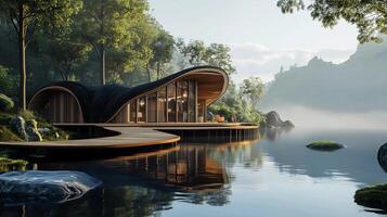 A house with a curved roof is built on a lake. The house is surrounded by trees and the water is calm. The house is designed to blend in with the natural surroundings photo