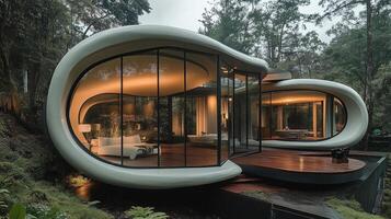 A house with a curved design and lots of glass windows. The house is surrounded by trees and has a pool photo