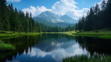 A beautiful mountain range with a lake in the foreground. The lake is calm and peaceful, reflecting the surrounding trees and mountains. Concept of tranquility and serenity photo