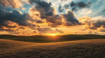 A field of grass with a beautiful sunset in the background. The sky is filled with clouds, and the sun is setting, casting a warm glow over the landscape. The scene is serene photo