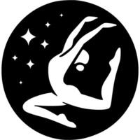 Sport emblem of girl gymnast leaps in a graceful jump against backdrop of dark sky and stars in monochrome. Engraving minimalistic image in black ink drawing on white background vector