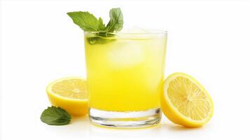A glass of lemonade with a slice of lemon on the side. The lemonade is yellow and has a minty green garnish photo