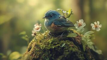 A blue bird is sitting on a mossy rock next to some flowers. The bird is surrounded by green plants and the flowers are white. The image has a peaceful and calming mood photo