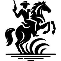 Tattoo emblem of armed bandit in cowboy hat riding a horse in monochrome. Engraving minimalistic image in black ink drawing on white background vector