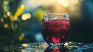 A glass of red wine is sitting on a table. The wine is almost gone, and the glass is almost empty. The table is wet from the rain outside photo