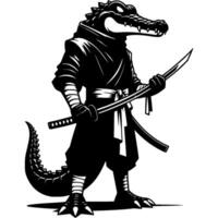 Ninja fighter alligator armed with katana sword in fighting stance in monochrome. Wild crocodile animal warrior. Tattoo minimalistic image in black ink drawing on white background vector