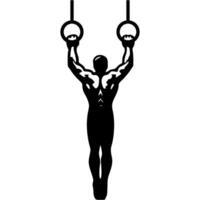 Sport emblem of gymnast man hanging on gymnastic rings and ready to begin demonstration exercises in monochrome. Engraving minimalistic image in black ink drawing on white background vector