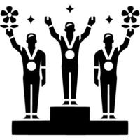 Sport emblem of team of gymnasts on winning podium awarded with set of medals in monochrome. Engraving minimalistic image in black ink drawing on white background vector