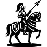 Tattoo emblem of knight spearman in armor riding a horse in monochrome. Engraving minimalistic image in black ink drawing on white background vector