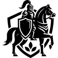 Tattoo emblem of knight protected by shield on horseback before tournament in monochrome. Engraving minimalistic image in black ink drawing on white background vector