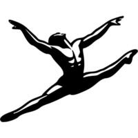 Sport emblem of ballerina man flying in a ballet split jump in monochrome. Engraving minimalistic image in black ink drawing on white background vector