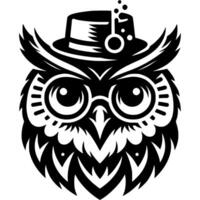 Tattoo of wise owl keeper of knowledge in scientist glasses and hat in monochrome. Engraving minimalistic image in black ink drawing on white background vector