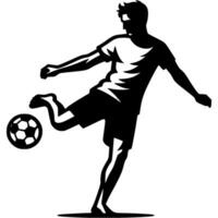 Tattoo emblem of beach soccer player swung to kick a ball that bounced awkwardly in monochrome. Engraving minimalistic image in black ink drawing on white background vector