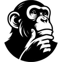 Tattoo of chimpanzee scratches its chin thoughtfully in monochrome. Thought process of a primitive monkey. Engraving minimalistic image in black ink drawing on white background vector