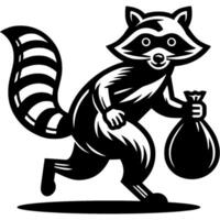 Tattoo of raccoon thief in robber mask with a bag of stolen loot in monochrome. Engraving minimalistic image in black ink drawing on white background vector