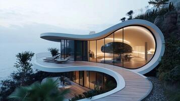 A large, curved home with a walkway leading to it. The house is situated on a hill overlooking the ocean photo