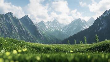 A mountain range with snow on the peaks and a green field in the foreground. The sky is clear and the sun is shining brightly photo