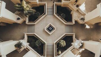 A courtyard with a fountain in the center and four small gardens surrounding it. The courtyard is a peaceful and serene space, perfect for relaxation and contemplation photo