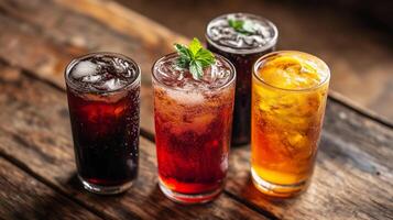 Four different colored drinks are lined up on a wooden table. The drinks are in tall glasses and include a variety of flavors such as lemonade, iced tea, and soda photo
