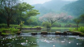 A serene pond with a small waterfall and a cherry blossom tree in the background. The water is calm and peaceful, and the cherry blossoms add a touch of beauty to the scene photo