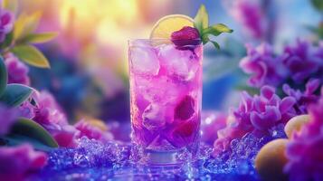 A glass of purple drink with a slice of lime and a strawberry on top. The drink is served in a tall glass with ice. The image has a dreamy, whimsical feel to it photo