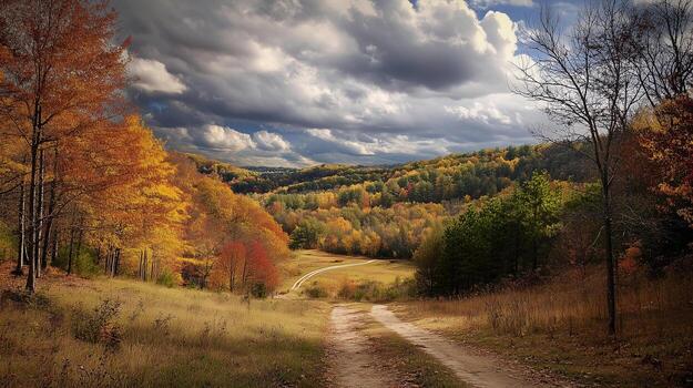 A road in the woods with trees on either side. The road is empty and the sky is cloudy photo