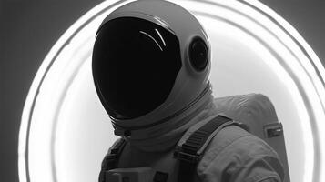 A man in a white space suit is standing in front of a circle. The image has a futuristic and space-like feel to it photo