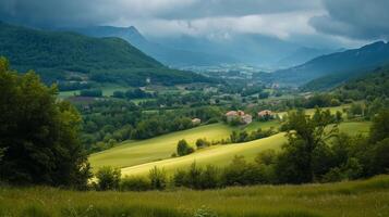 A beautiful, lush green field with a few trees in the background. The sky is cloudy, but the sun is shining through the clouds, creating a peaceful and serene atmosphere photo