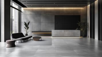 A large room with a black couch and a potted plant. The room is empty and has a modern, minimalist design photo