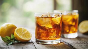 Two glasses of a drink with ice cubes and a lemon slice on the side. The drink is a mix of tea and lemonade photo