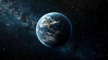A large planet in the middle of the night sky. The planet is surrounded by a lot of stars and the sky is dark photo