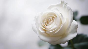 A white rose is the main focus of the image. The rose is the only object in the picture, and it is the only thing that is visible. The image has a simple photo