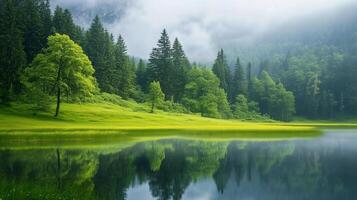 A beautiful green forest with a lake in the background. The lake is calm and peaceful, reflecting the trees and sky. The scene is serene and tranquil photo