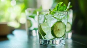 A glass of limeade with a lime wedge in it. The glass is on a table. The limeade is cold and refreshing photo