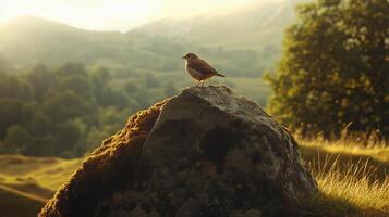 A small bird is perched on a large rock in a grassy field. The bird is surrounded by trees and the sky is visible in the background. The scene is peaceful and serene photo