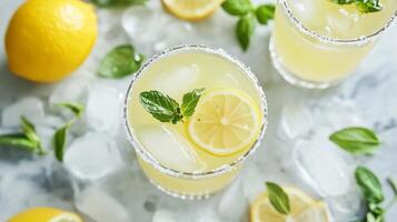 A glass of lemonade with a lemon slice on top. The lemonade is served in a glass with ice cubes in it photo