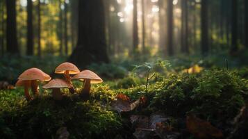 Three mushrooms are on a mossy forest floor. The mushrooms are orange and appear to be growing in a forest photo