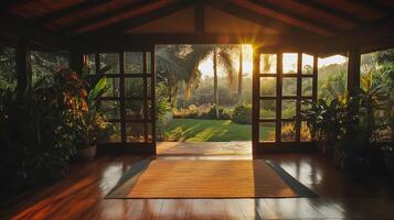 A large open space with a wooden floor and a rug. The room is filled with plants and has a lot of natural light coming in through the windows photo