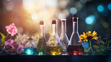 A collection of glass vials with different colored liquids and flowers. The vials are arranged in a row, with some of them containing clear liquids photo