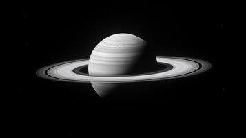 A black and white photo of a planet with a white spot on it. The planet is the size of a small ball and is surrounded by a ring. The photo has a moody