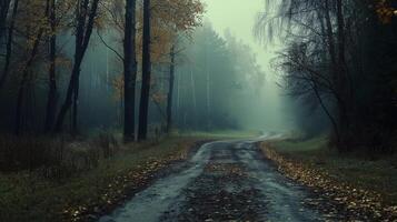 A forest road with trees and leaves on the ground. The road is wet and muddy photo