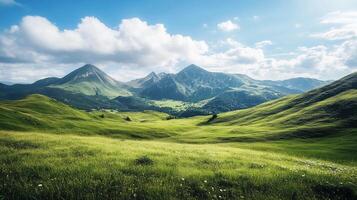 A beautiful mountain landscape with a large green field in the foreground. The sky is clear and blue, and the sun is shining brightly photo