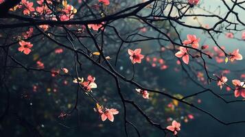 A tree with pink flowers is shown in the image. The flowers are in full bloom, and the tree branches are covered in them photo