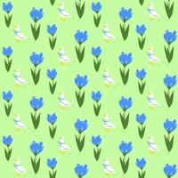 Seamless bright spring floral pattern with white goose or duck bird. Background with crocus flowers, leaves. vector