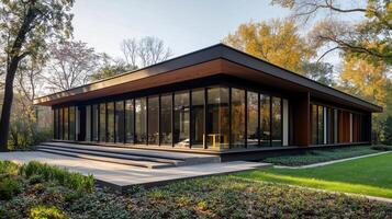 A large house with a lot of windows and a green lawn. The house is surrounded by trees and has a modern design photo