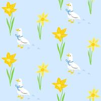 Seamless pastel spring floral pattern with white goose or duck bird. Background with daffodil flowers, leaves. vector