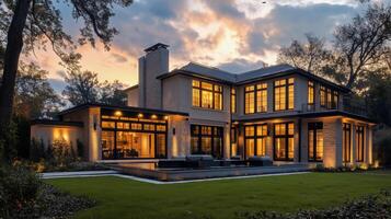 A large house with a pool and a large yard. The house is lit up at night. Scene is warm and inviting photo