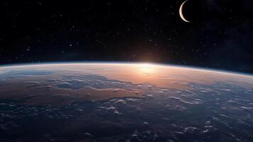 A beautiful view of the Earth from space, with a bright orange sun rising over the horizon. The sky is filled with stars, creating a serene and peaceful atmosphere photo