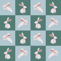 Happy Easter bunny pattern. Minimalistic geometric background with rabbit wearing decorative bow. Cute animal checkered pattern design for baby nursery or textile. Hand drawn illustration. vector